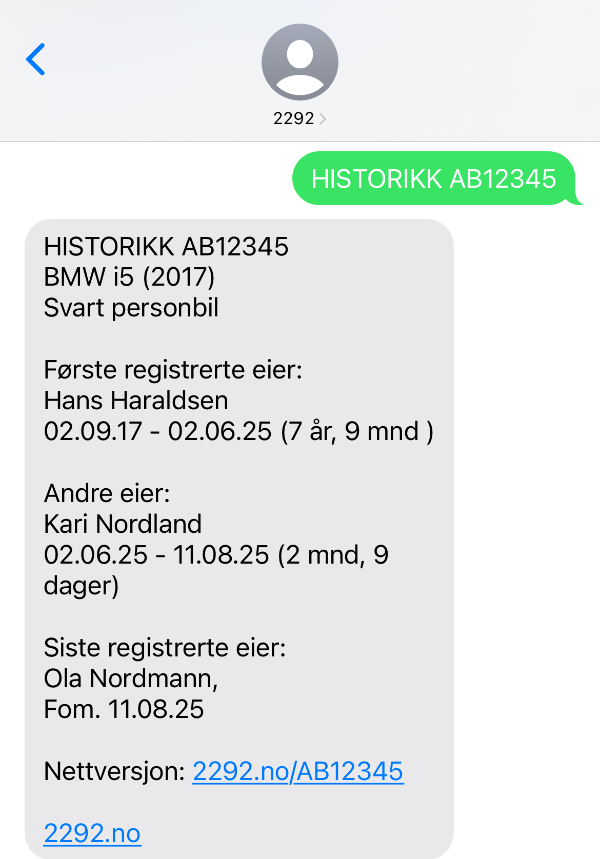 Eksempel på SMS med tidligere eiere